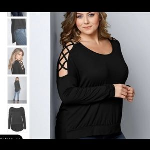 VENUS Black Criss Cross Sleeve Detail Top-1X